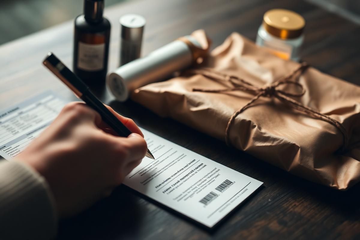 Hands writing on a packing slip next to wrapped beauty products