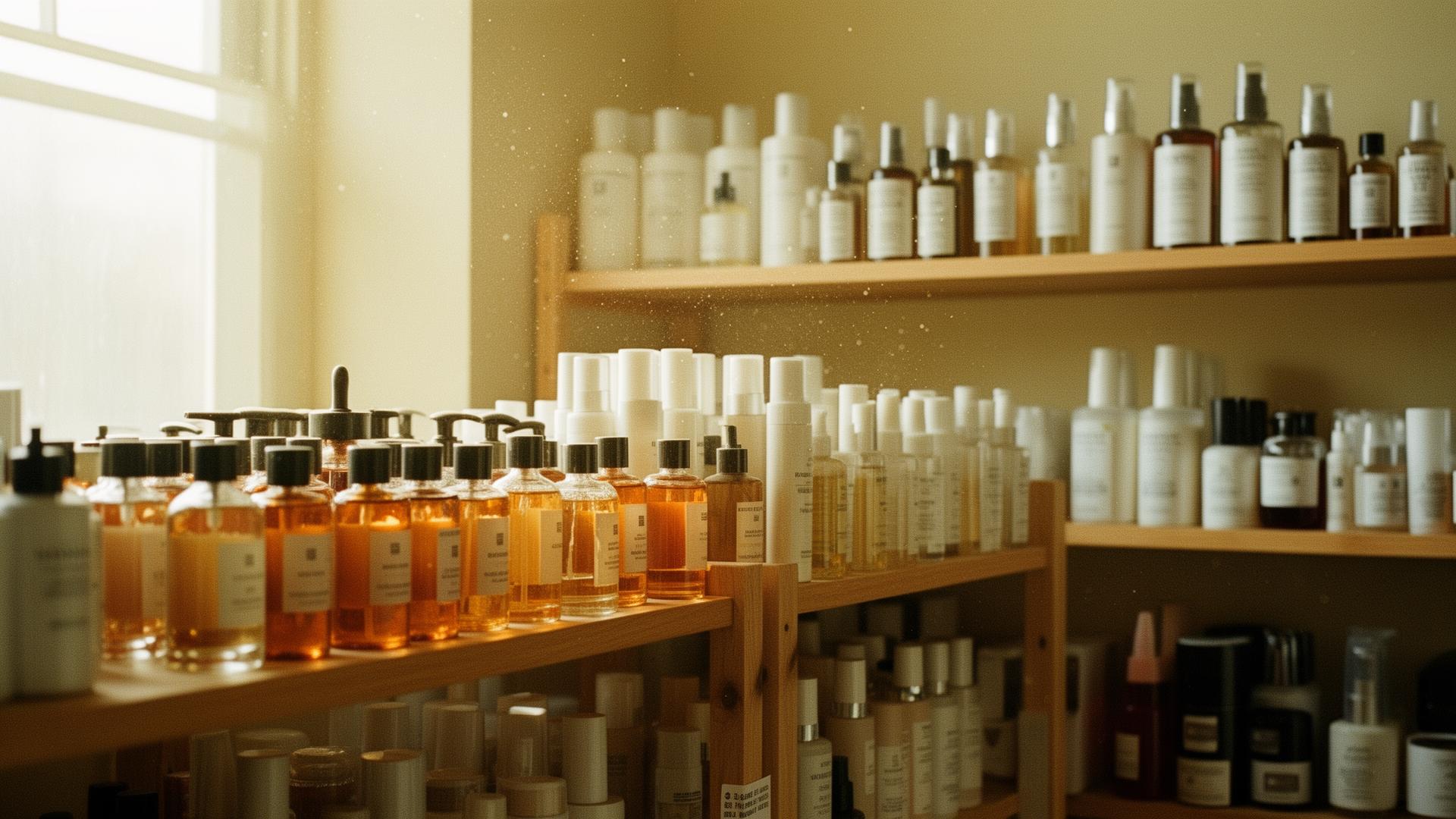 Curated wholesale beauty inventory on warm wood shelves in soft morning light at the Al Jarash Philadelphia warehouse