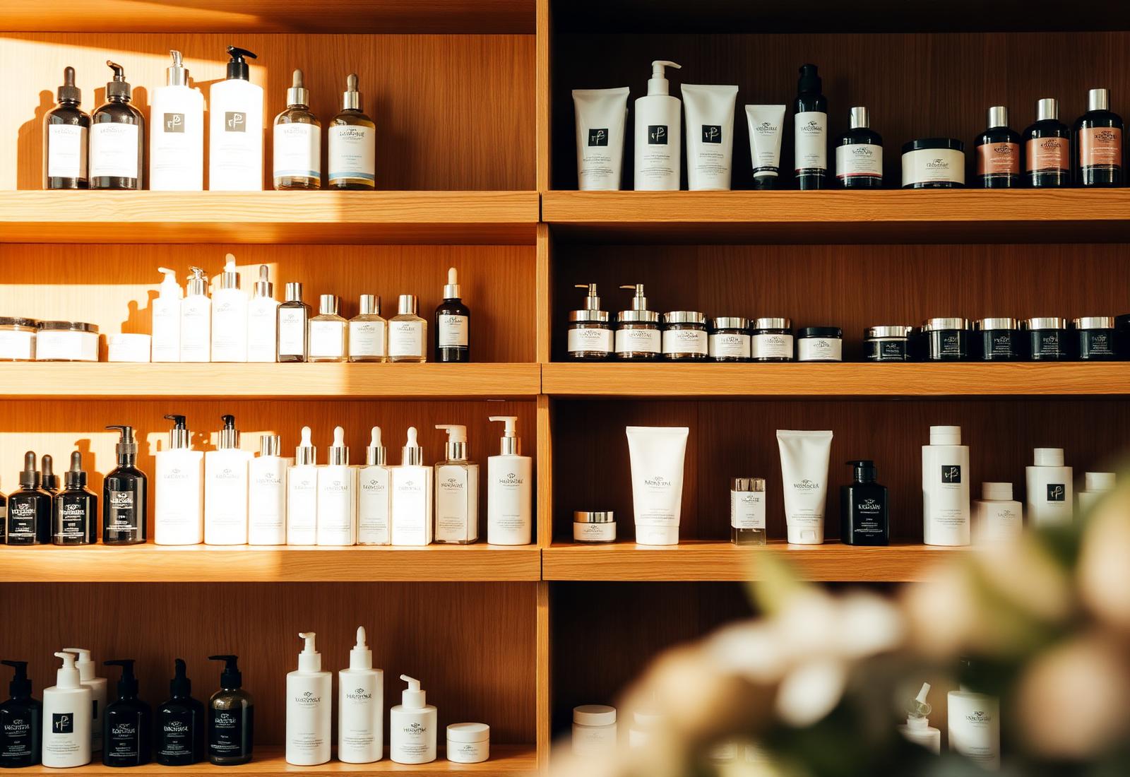 Curated wholesale beauty inventory on warm wood shelves