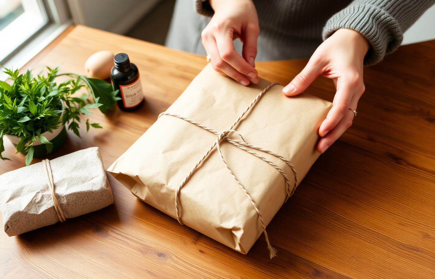 Order being hand-wrapped in kraft paper at the Al Jarash packing table