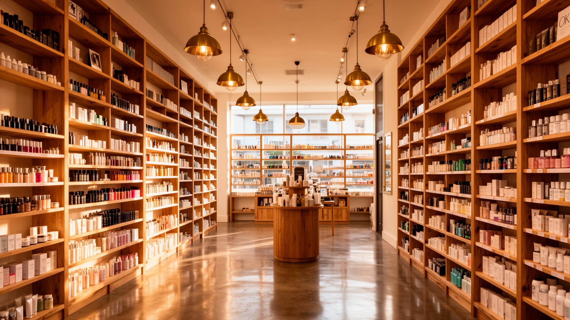 Interior of the Al Jarash Philadelphia showroom with brass pendant lighting and curated wood shelving